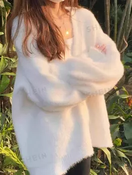 Пушистый вязаный кардиган с открытой передней частью Qutie Plus Shein, бежевый