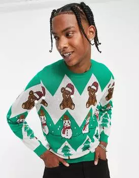Пушистый вязаный рождественский джемпер ASOS DESIGN с рисунком Тедди и снеговика