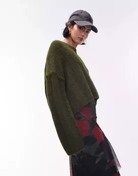 Пушистый вязаный свитер Topshop цвета хаки укороченного кроя с ребристой структурой