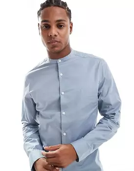 Пыльно-синяя рубашка узкого кроя с дедушкиным воротником ASOS DESIGN