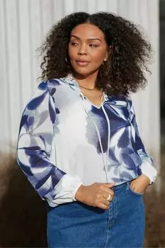 Пышная блузка с цветочным принтом и складками на рукавах Live Unlimited, синий