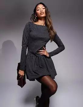 Пышное платье с длинными рукавами в тонкую полоску темно-синего цвета ASOS DESIGN