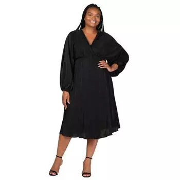 Пышное плиссированное миди-платье с мерцающим эффектом, V-образным вырезом, завышенной талией и рукавами фонариками 24Seven Comfort Apparel, черный