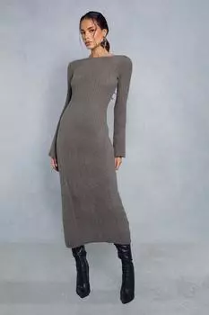 Пышное трикотажное платье макси премиум-класса с открытой спиной и разрезом MISSPAP, хаки