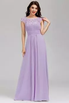 Пышное вечернее платье из шифона и кружева трапеции для свадьбы с короткими рукавами Ever Pretty, фиолетовый