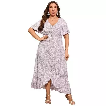 Пышное женское летнее платье больших размеров с коротким рукавом и v-образным вырезом на пуговицах и рюшами по подолу, высокое низкое платье макси с цветочным принтом Kojooin, цвет Light Purple Floral