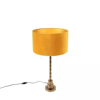 QAZQA - Арт-деко Настольная лампа в стиле ар-деко с желтым велюровым абажуром 35 см - Pisos I гостиная I спальня - алюминиевый цилиндр - светодиод подходит E27, бронза