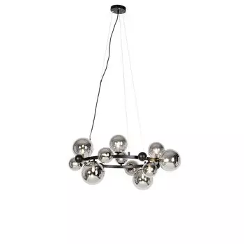 QAZQA - Арт-деко Подвесной светильник в стиле ар-деко I Подвесной светильник I Подвесной светильник черный с дымчатым стеклом 12 лампочек - Давид I Гостиная I Спальня - круглая сталь - Подходит для светодиодов G9, серый