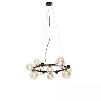 QAZQA - Арт-деко Подвесной светильник в стиле ар-деко I Подвесной светильник I Подвесной светильник черного цвета с янтарным стеклом 12 лампочек - Давид I Гостиная I Спальня - круглая сталь - Подходит для светодиодов G9, черный