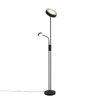 QAZQA - Черный торшер в стиле ретро с лампой для чтения I Торшер I Торшер I Лампа I со светодиодом и диммером с лампой для чтения - Диммер Kelso I с регулируемой яркостью I Гостиная I Спальня - продолговатая сталь