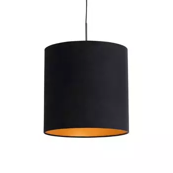 QAZQA - Classic I Античный подвесной светильник I Подвесной светильник I Подвесной светильник с велюровым абажуром, черный с золотом I Латунь 40 см - Комби I Гостиная I Спальня - Текстильный цилиндр I Удлиненный I Круглый - подходит для светодиодов