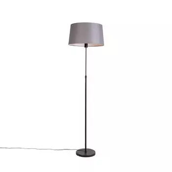 QAZQA - Classic I Античный торшер черного цвета с темно-серым льняным абажуром 45 см - Часть I Гостиная I Спальня - Круглая сталь I Продолговатый I Цилиндр - Подходит для светодиодов E27, серый