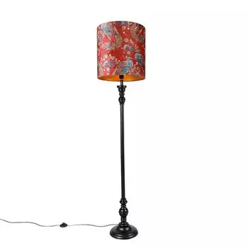 QAZQA - Classic I Античный торшер, черный с абажуром павлино-красного цвета, 40 см - Classico I Гостиная I Спальня - Продолговатое дерево - Подходит для светодиодов E27