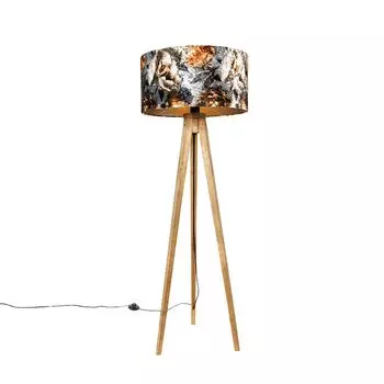 QAZQA — Classic I Античный винтажный торшер с деревянным абажуром и цветочным дизайном, 50 см — Штатив I Лампа со штативом I Классический штатив I Гостиная I Спальня — Круглый — Подходит для светодиодов E27, мультиколор