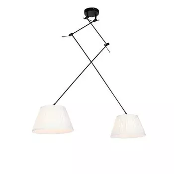 QAZQA - Classic I Антикварный подвесной светильник I Подвесной светильник I Подвесной светильник с плиссированным абажуром кремового цвета 35 см - Молния II черный I 2 лампы I Гостиная I Спальня - Текстильный цилиндр I Удлиненный I Круглый -, бе...