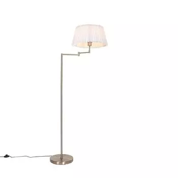 QAZQA - Classic I антикварный торшер I торшер I торшер I лампа I лампа из стали I серебро I матовый никель с белым плиссированным абажуром и регулируемым кронштейном - Ladas Deluxe I гостиная I спальня