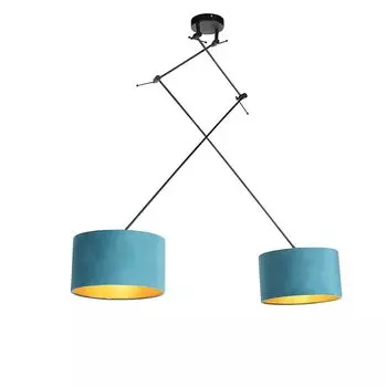 QAZQA - Classic I Подвесной светильник античный I Подвесной светильник I Подвесной светильник с бархатными абажурами синий с золотом I Латунь 35 см - Молния II черный I 2 лампочки I Гостиная I Спальня - Текстильный цилиндр I Удлиненный