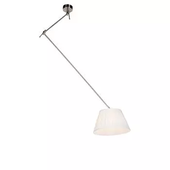 QAZQA - Classic I Подвесной светильник античный I Подвесной светильник I Подвесной светильник с плиссированным абажуром кремового цвета 35 см - Молния I Сталь I Серебро I Матовый никель I Гостиная I Спальня - Текстильный цилиндр I Удлиненный I