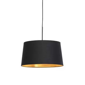QAZQA - Classic I Подвесной светильник антикварный I Подвесной светильник I Подвесной светильник с хлопковым абажуром черный с золотом I Латунь 40 см - Комби I Гостиная I Спальня - Текстильный цилиндр I Удлиненный I Круглый - LED Gee