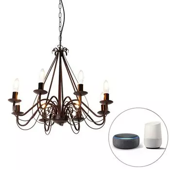 QAZQA — Country House I Vintage Smart Люстра I Люстра Rust Brown, 8 ламп, включая Wi-Fi B35 — Giuseppe — Сталь круглая — подходит для светодиодов E14, коричневый