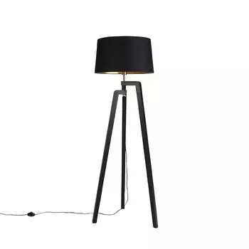 QAZQA - Country House I Винтаж I Торшер в деревенском стиле I Торшер I Торшер I Лампа I Лампа на штативе с хлопковым абажуром, черный с золотом I Латунь 50 см - Пурос I Гостиная I Спальня - Длина дерева