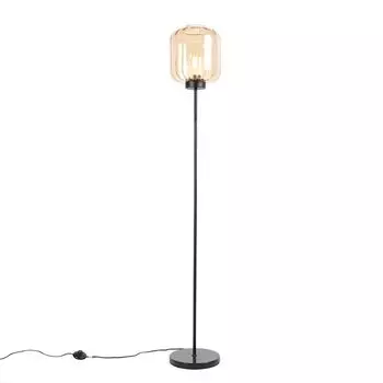 QAZQA - Дизайн торшер I Торшер I Торшер I лампа I лампа черный с коричневым стеклом - Qara I гостиная I спальня - удлиненный - подходит светодиод E27, бежевый