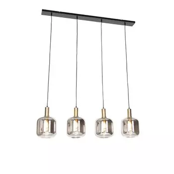 QAZQA - Дизайнерский подвесной светильник I Подвесной светильник I Подвесной светильник черный с золотом I Латунь с дымчатым стеклом, 4 лампы - Зузанна I Гостиная I Спальня - удлиненный - Подходит для светодиодов E27, серый