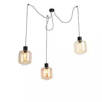 QAZQA - Дизайнерский подвесной светильник I Подвесной светильник I Подвесной светильник черный с коричневым стеклом, 3 лампы 226 см - Qara I гостиная I спальня - удлиненный - подходит для светодиодов E27, бежевый