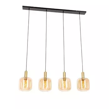QAZQA - Дизайнерский подвесной светильник I Подвесной светильник I Подвесной светильник черный с латунным и янтарным стеклом, 4 лампы - Zuzanna I гостиная I спальня - удлиненный - подходит для светодиодов E27, оранжевый