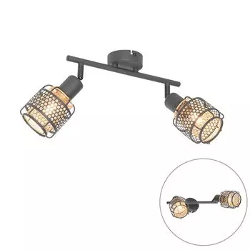 QAZQA - Дизайнерский потолочный светильник I Потолочный светильник I Лампа I Свет черный с золотом I Латунь, 2 лампы - Noud I Гостиная I Спальня - Продолговатая сталь - Подходит светодиод E14