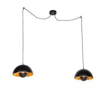 QAZQA - Industrial I Vintage I Industrial I Vintage I Подвесной светильник I Подвесной светильник I Полукруглые подвесные светильники черные с 2-ламповыми золотом I Латунные светильники - Magna Eglip I Гостиная I Спальня - Sta, черный