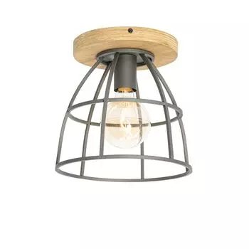 QAZQA - Industrial I Vintage I Industrial I Vintage I Потолочный светильник I Потолочный светильник I Лампа I Светлый темно-серый и дерево - Артур I Гостиная I Спальня - Круглый - Подходит для светодиодов E27