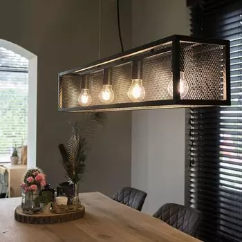 QAZQA - Industrial I Vintage I Industrial I Vintage I Подвесной светильник I Подвесной светильник I Подвесной светильник черный с сеткой из 4 лампочек - Клетка I Гостиная I Спальня - Прямоугольная сталь - Подходит для светодиодов E27