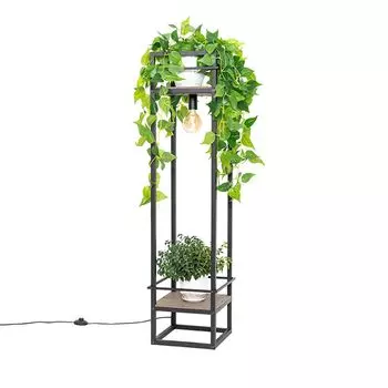 QAZQA - Industrial I Vintage I Industrial I Vintage I Торшер черный с деревом - Cage Rack I Гостиная I Спальня - Продолговатая сталь - Подходит для светодиодов E27