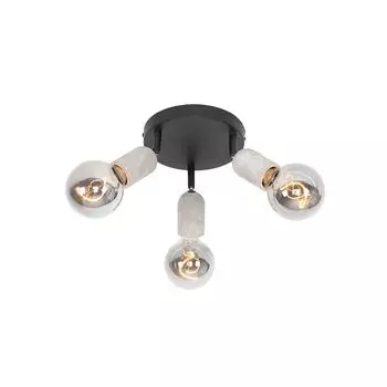 QAZQA - Industrial I Vintage I Потолочный точечный светильник черного цвета с бетонным круглым светильником с 3 лампами - Pedra I Гостиная I Спальня - StoneI Round - Подходит для светодиодов E27, черный