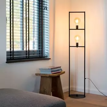QAZQA - Industrial I Vintage I Промышленный торшер, 2 лампы, черный - Simple Cage I Гостиная I Спальня - Продолговатая сталь - Подходит для светодиодов E27