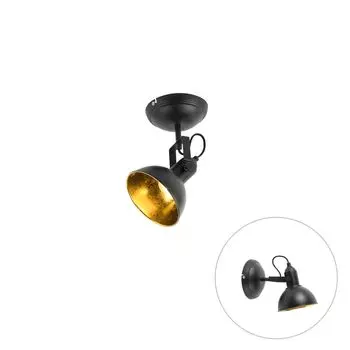 QAZQA — Industrial I Vintage I Прожектор, черный с золотом I Латунь, 1 поворотный и наклонный светильник — Tommy I Гостиная I Спальня — Круглая сталь — Подходит для светодиодов E14