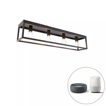 QAZQA — Industrial I Vintage I Smart Ceiling Light I потолочный светильник I Лампа I Light Black 99,5 см, включая 4 лампы Wi-Fi A60 — диммер I с регулируемой яркостью I Гостиная I Спальня — стальная прямоугольная I длина, черный