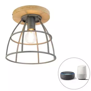QAZQA — Industrial I Vintage I Smart Ceiling Light I Потолочный светильник I Лампа I Светильник темно-серого цвета с деревом, включая Wi-Fi E27 — Arthur Dimmer I Диммируемая I Гостиная I Спальня — стальная круглая — подходит для светодиодов, кор...