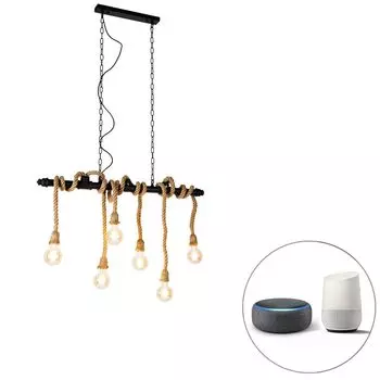 QAZQA - Industrial I Vintage I Smart Подвесной светильник I Подвесной светильник I Подвесной светильник черный, 6 лампочек, включая Wi-Fi G95 - Многочисленный I Гостиная I Спальня - Продолговатая сталь I Цилиндр - подходит для светодиодов E27