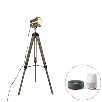 QAZQA - Industrial I Vintage I Smart Торшер I Торшер I Торшер I Лампа I Световой штатив с деревянным штативом и студийным прожектором, включая Wi-Fi B35 - Braha I Гостиная I Спальня - Круглый - Светодиод Подходит E14, коричневый