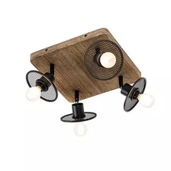 QAZQA - Industry I Vintage I Industry I Vintage ИК-потолочный точечный светильник, черный с деревом, 4-ламповая точечная лампа - Jasmijn I гостиная I спальня - стальной квадрат - подходит для светодиодов E14, коричневый