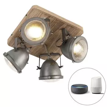 QAZQA - Industry I Vintage I Потолочный светильник Smart I Потолочный светильник I Лампа I Светильник I Светильник I Матовый никель с деревом, включая точечную панель с 4 лампами WiFi GU10 - Emado I Гостиная I Спальня - стальной квадрат, серый