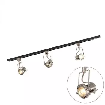 QAZQA — однофазная шина Modern Smart, черная со сталью I серебро I матовый никель, включая 3-пламенную точечную панель WiFi GU10 — диммер Suplux I с регулируемой яркостью I гостиная I спальня — продолговатая сталь — подходит для светодиодов, чер...