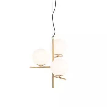 QAZQA - Подвесной светильник в стиле ар-деко Design I Подвесной светильник I Подвесной светильник золото I Латунь с опаловым стеклом, 3 лампы - Flore I Гостиная I Спальня - стальной шар I сферический I удлиненный - Подходит для светодиодов E14