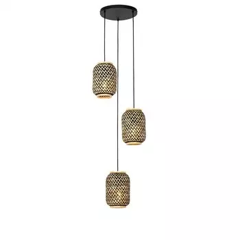 QAZQA - Подвесной светильник в восточном стиле I Подвесной светильник I Подвесной светильник из бамбука с черной лампой на 3 лампы - Ивонн I Гостиная I Спальня - круглый бамбук - Подходит светодиод E27, черный