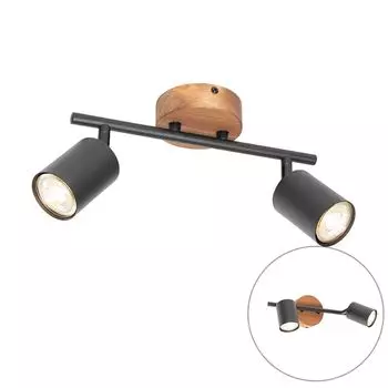 QAZQA - Промышленность I Винтаж I Индустриальный светильник I Прожектор I Потолочный светильник I Потолочный светильник I Прожектор I Лампа I Черный поворотный светильник с деревянными 2-ламповыми светильниками - Джина I Гостиная I Спальня -, коричневый