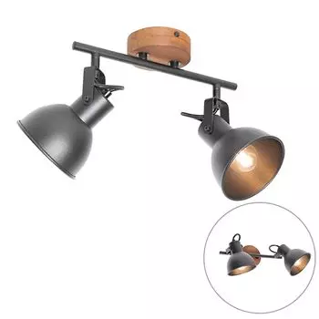 QAZQA - Промышленность I Винтаж I Индустриальный прожектор I Прожектор I Потолочный светильник I Потолочный прожектор I Прожектор I Лампа I Черная лампа с деревянной наклонной 2 лампочкой - Tommy I Гостиная I Спальня - Sta, черный
