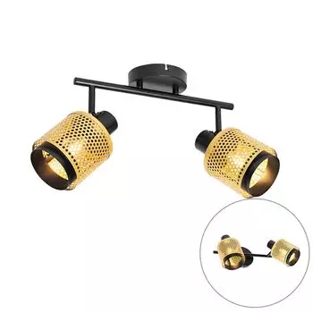 QAZQA - Промышленность I Винтаж I Индустриальный светильник I Прожектор I Потолочный светильник I Потолочный светильник I Прожектор I Лампа I Светильник черный с золотом I Латунные двухламповые светильники - Кайден I Гостиная I Спальня -