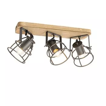 QAZQA - Промышленность I Винтаж I Индустриальный прожектор I Прожектор I Потолочный прожектор I Потолочный прожектор I Прожектор I Лампа I Светлый темно-серый и деревянный Регулируемый трехпрожекторный светильник с пламенем - Артур I Гостиная I